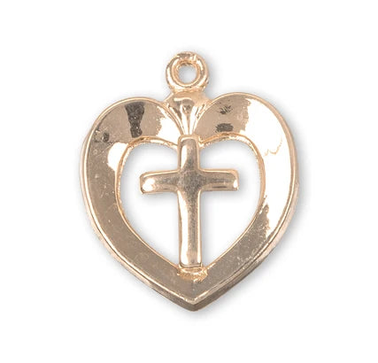 Heart with Cross, 11/16", 16kt Gold over Sterling, 18" Gold Plated Curb Chain, # 41809.