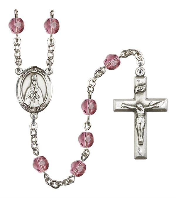 St. Blaise Rosary, 6mm Fire Polished Amethyst Beads, Silver Plate, # 15058