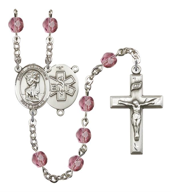 St. Christopher EMT Rosary, 6mm Fire Polished Amethyst Beads, Silver Plate, # 15075