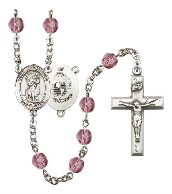 St. Christopher U.S. Marines Rosary, 6mm Fire Polished Amethyst Beads, Silver Plate, # 15078
