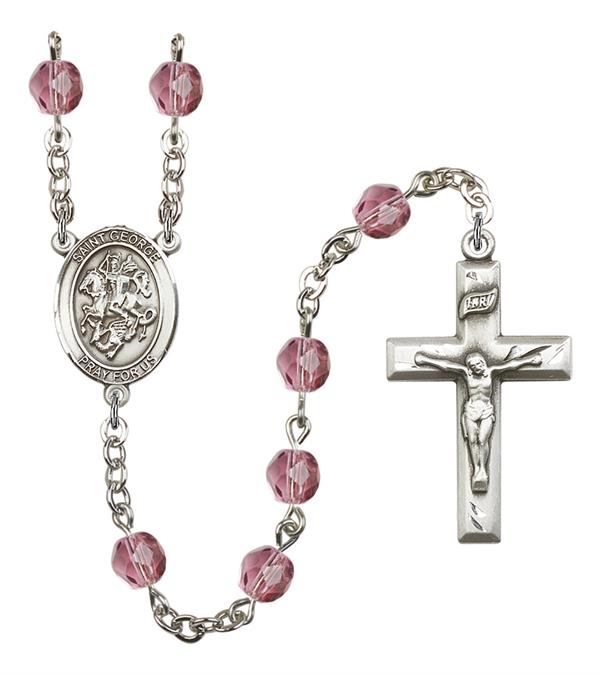 St. George Rosary, 6mm Fire Polished Amethyst Beads, Silver Plate, # 15101