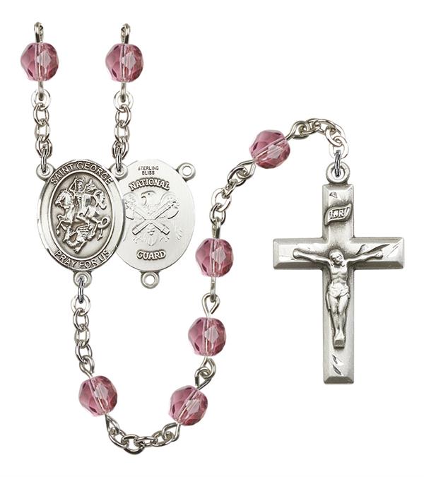 St. George National Guard Rosary, 6mm Fire Polished Amethyst Beads, Silver Plate, # 15107