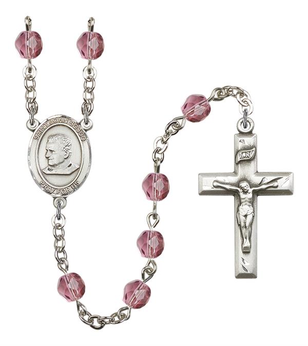 St. John Bosco Rosary, 6mm Fire Polished Amethyst Beads, Silver Plate, # 15125