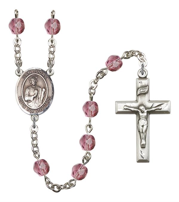 San Judas Spanish Rosary, 6mm Fire Polished Amethyst Beads, Silver Plate, # 15132