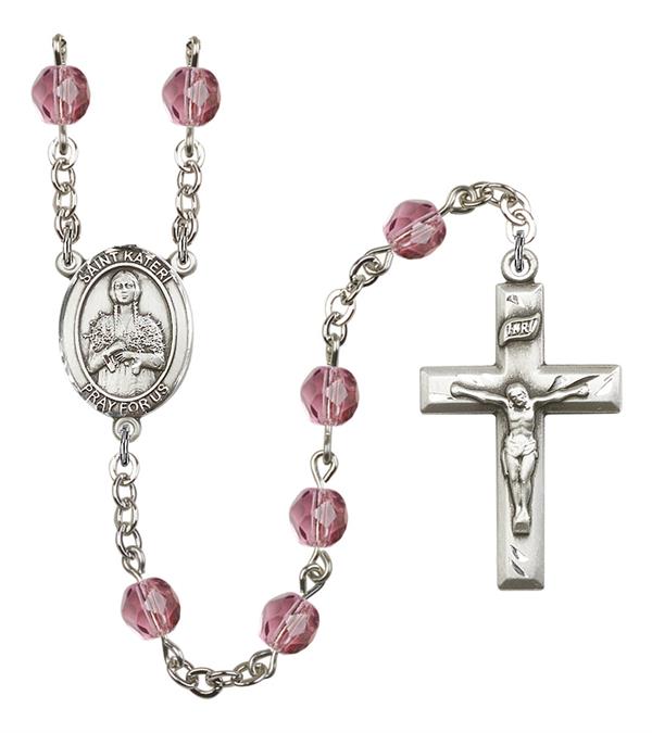 St. Kateri Rosary, 6mm Fire Polished Amethyst Beads, Silver Plate, # 15140