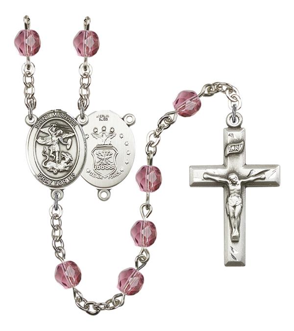 St. Michael U.S. Air Force Rosary, 6mm Fire Polished Amethyst Beads, Silver Plate, # 15183
