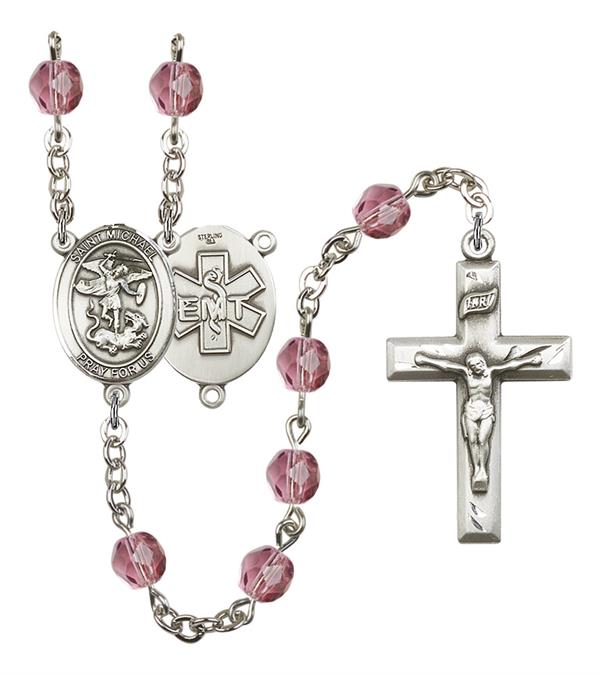 St. Michael EMT Rosary, 6mm Fire Polished Amethyst Beads, Silver Plate, # 15184