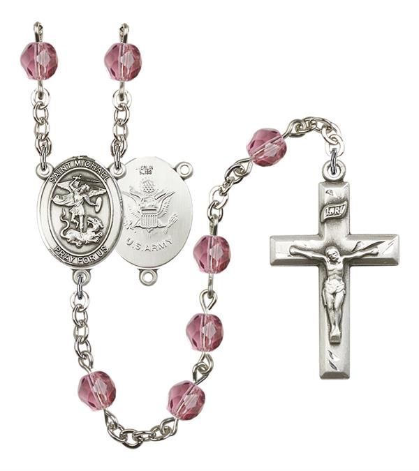 St. Michael U.S. Army Rosary, 6mm Fire Polished Amethyst Beads, Silver Plate, # 15185
