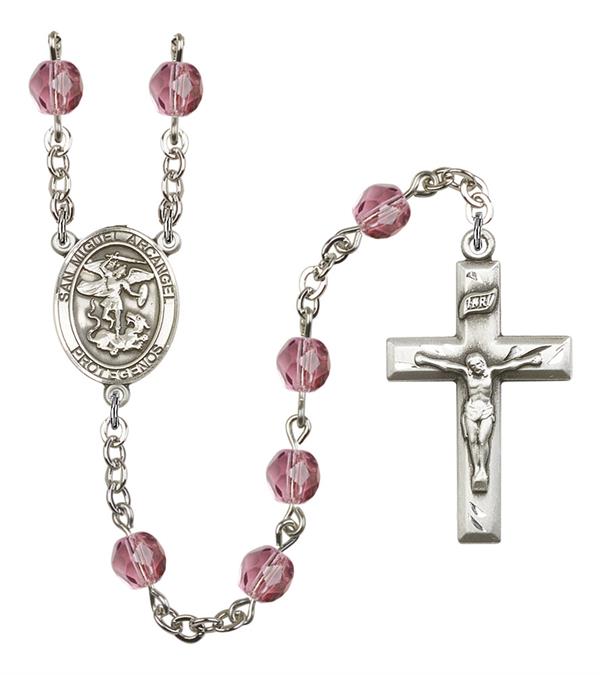 San Miguel Arcangel Spanish Rosary, 6mm Fire Polished Amethyst Beads, Silver Plate, # 15191