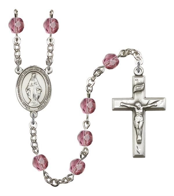 Miraculous Medal Rosary, 6mm Fire Polished Amethyst Beads, Silver Plate, # 15193