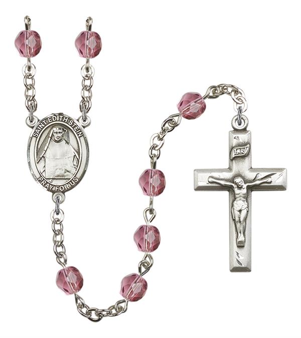 St. Edith Stein Rosary, 6mm Fire Polished Amethyst Beads, Silver Plate, # 15222