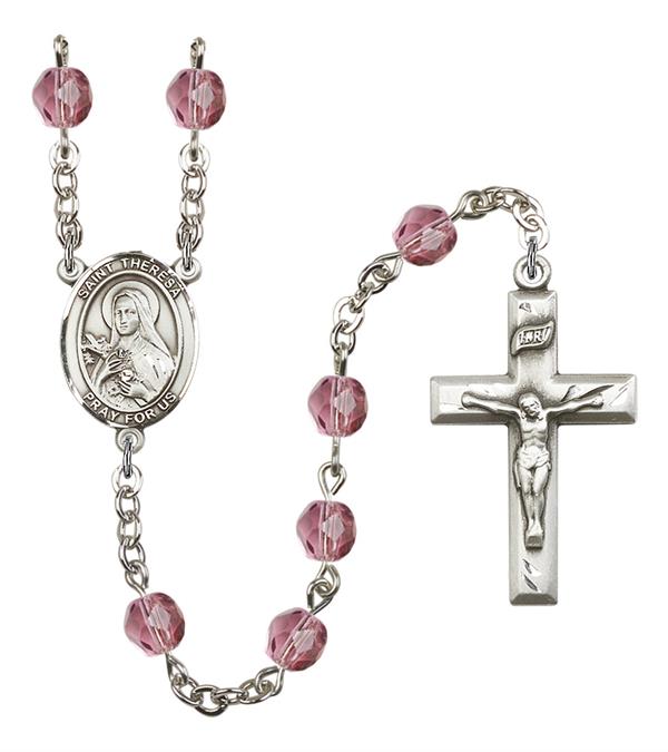 St. Theresa of Lisieux Rosary, 6mm Fire Polished Amethyst Beads, Silver Plate, # 15225