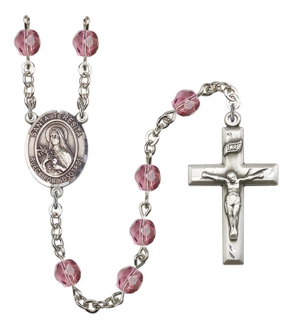 Santa Teresita Spanish Rosary, 6mm Fire Polished Amethyst Beads, Silver Plate, # 15226