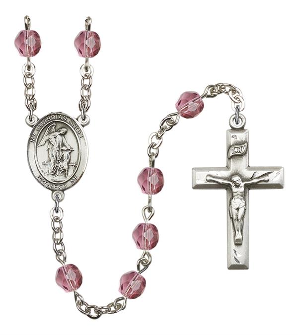 Guardian Angel Rosary, 6mm Fire Polished Amethyst Beads, Silver Plate, # 15239