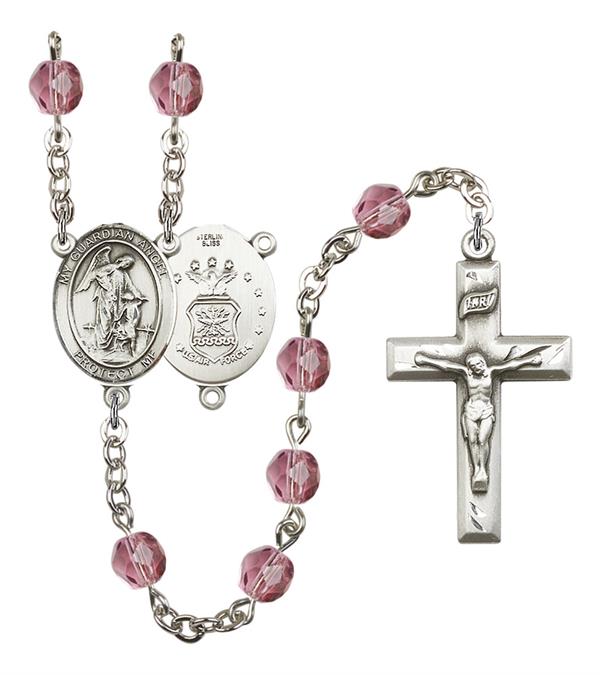 Guardian Angel U.S. Air Force Rosary, 6mm Fire Polished Amethyst Beads, Silver Plate, # 15240