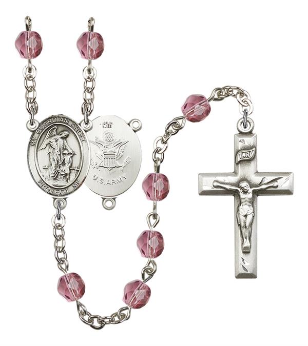 Guardian Angel U.S. Army Rosary, 6mm Fire Polished Amethyst Beads, Silver Plate, # 15242