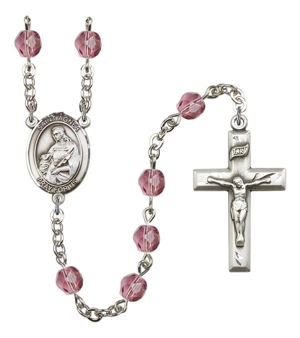 St. Agnes Rosary, 6mm Fire Polished Amethyst Beads, Silver Plate, # 15259