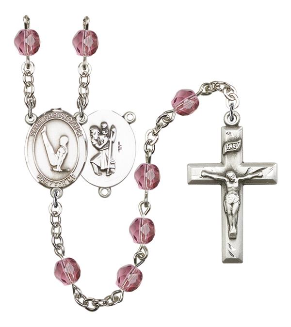 St. Christopher / Gymnastics Rosary, 6mm Fire Polished Amethyst Beads, Silver Plate, # 15272