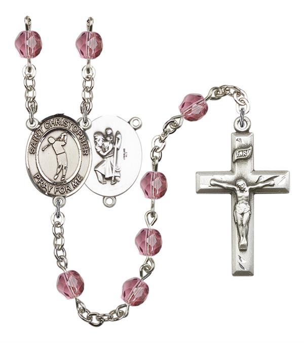 St. Christopher / Golf Rosary, 6mm Fire Polished Amethyst Beads, Silver Plate, # 15279