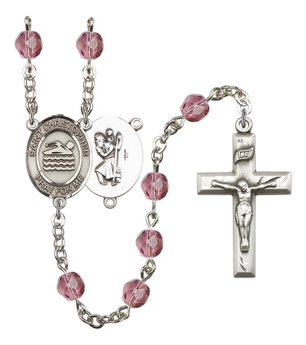 St. Christopher / Swimming Rosary, 6mm Fire Polished Amethyst Beads, Silver Plate, # 15284