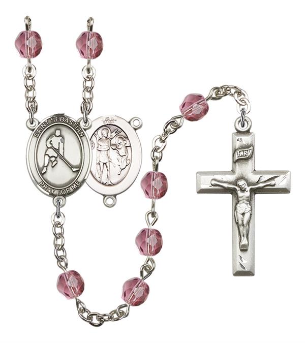 St. Sebastian / Ice Hockey Rosary, 6mm Fire Polished Amethyst Beads, Silver Plate, # 15292