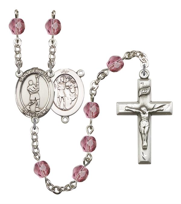 St. Sebastian / Lacrosse Rosary, 6mm Fire Polished Amethyst Beads, Silver Plate, # 15301