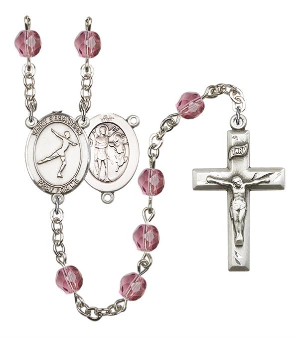 St. Sebastian / Figure Skating Rosary, 6mm Fire Polished Amethyst Beads, Silver Plate, # 15304