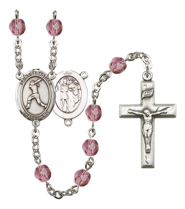St. Sebastian / Women's Softball Rosary, 6mm Fire Polished Amethyst Beads, Silver Plate, # 15312
