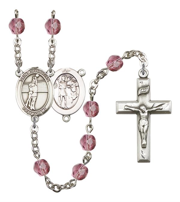 St. Sebastian / Women's Volleyball Rosary, 6mm Fire Polished Amethyst Beads, Silver Plate, # 15315