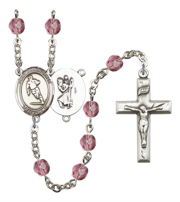 St. Christopher / Rugby Rosary, 6mm Fire Polished Amethyst Beads, Silver Plate, # 15324