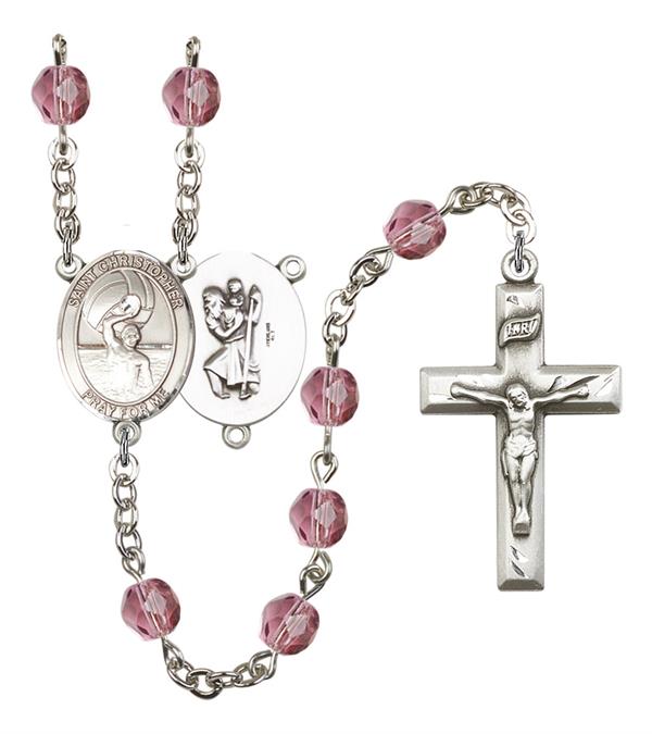 St. Christopher / Men's Water Polo Rosary, 6mm Fire Polished Amethyst Beads, Silver Plate, # 15328