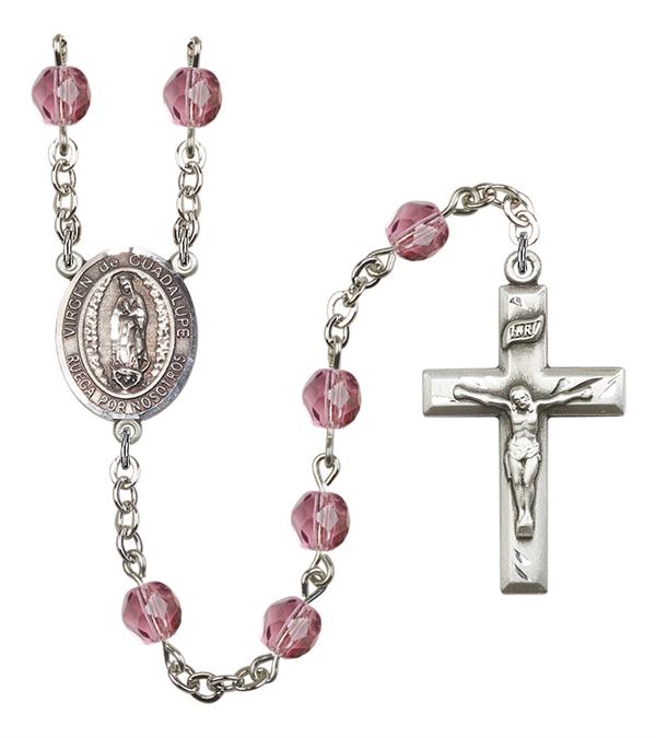 Virgen de Guadalupe Spanish Rosary, 6mm Fire Polished Amethyst Beads, Silver Plate, # 15338