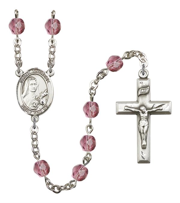 St. Therese of Lisieux Rosary, 6mm Fire Polished Amethyst Beads, Silver Plate, # 15342