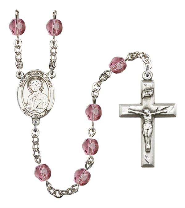 St. Dominic Savio Rosary, 6mm Fire Polished Amethyst Beads, Silver Plate, # 15360