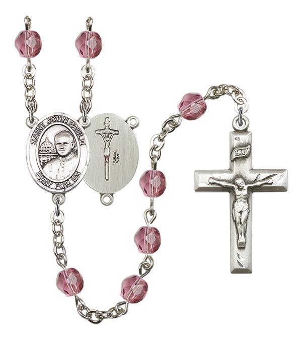 St. John Paul II Rosary, 6mm Fire Polished Amethyst Beads, Silver Plate, # 15367