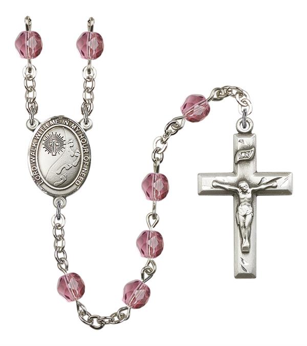 St. Footprints / Cross Rosary, 6mm Fire Polished Amethyst Beads, Silver Plate, # 15370