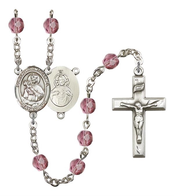 Our Lady of Mount Carmel Rosary, 6mm Fire Polished Amethyst Beads, Silver Plate, # 15376