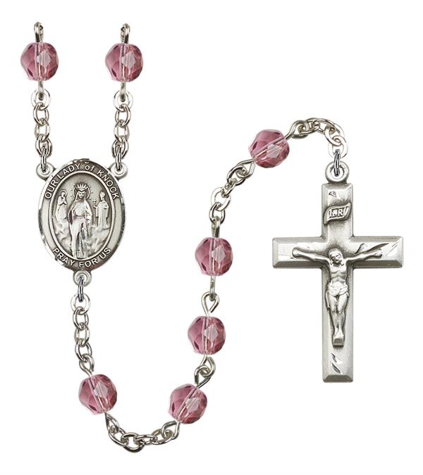 Our Lady of Knock Rosary, 6mm Fire Polished Amethyst Beads, Silver Plate, # 15380