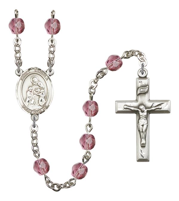St. Angela Merici Rosary, 6mm Fire Polished Amethyst Beads, Silver Plate, # 15417