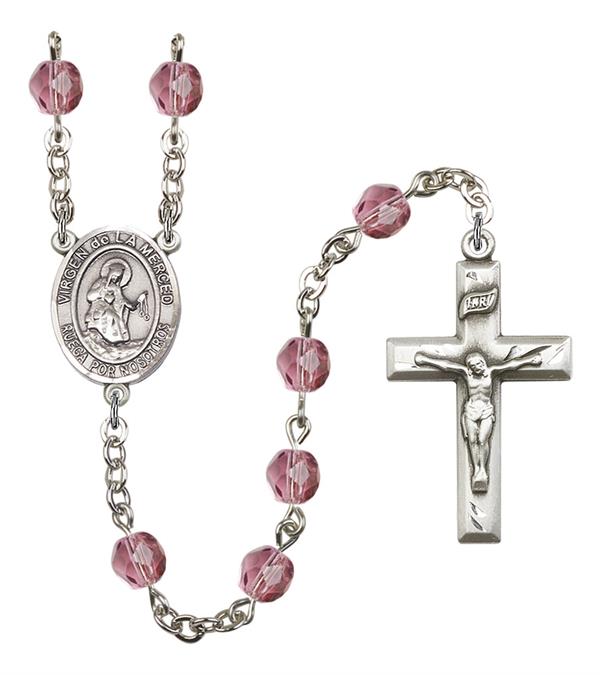 Virgen de la Merced Spanish Rosary, 6mm Fire Polished Amethyst Beads, Silver Plate, # 15424