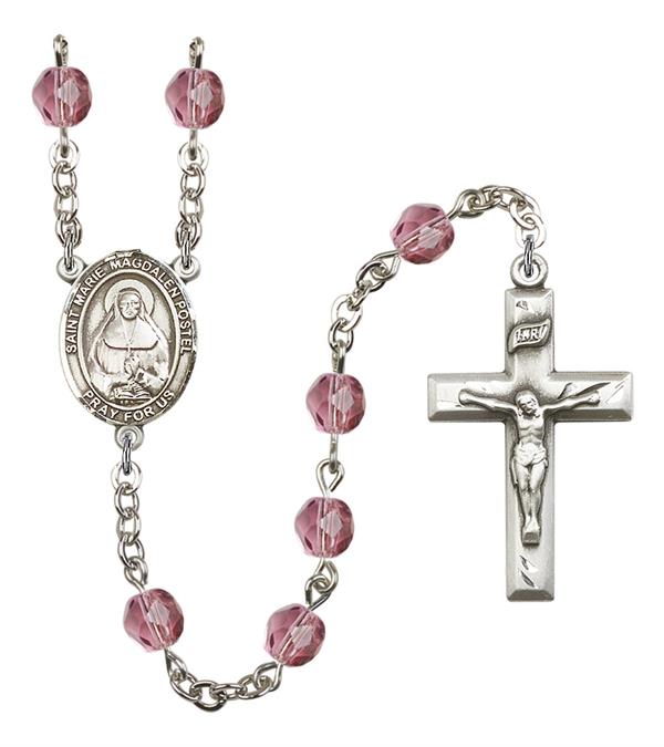 St. Marie Magdalen Postel Rosary, 6mm Fire Polished Amethyst Beads, Silver Plate, # 15429