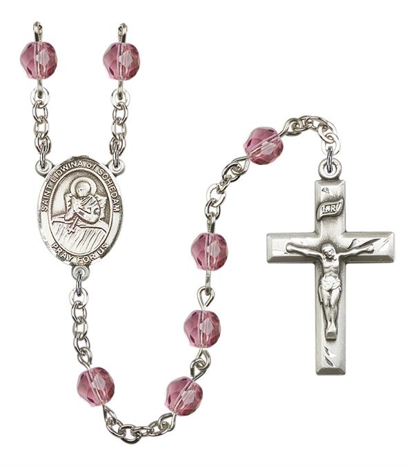 St. Lidwina of Schiedam Rosary, 6mm Fire Polished Amethyst Beads, Silver Plate, # 15431