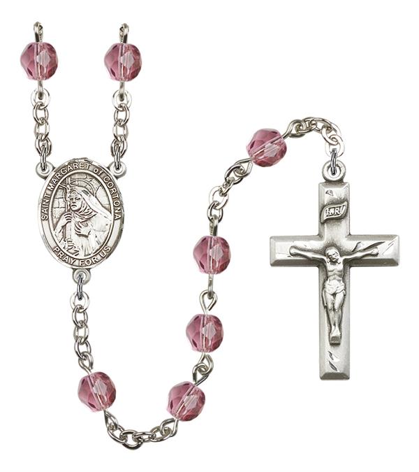 St. Margaret of Cortona Rosary, 6mm Fire Polished Amethyst Beads, Silver Plate, # 15435