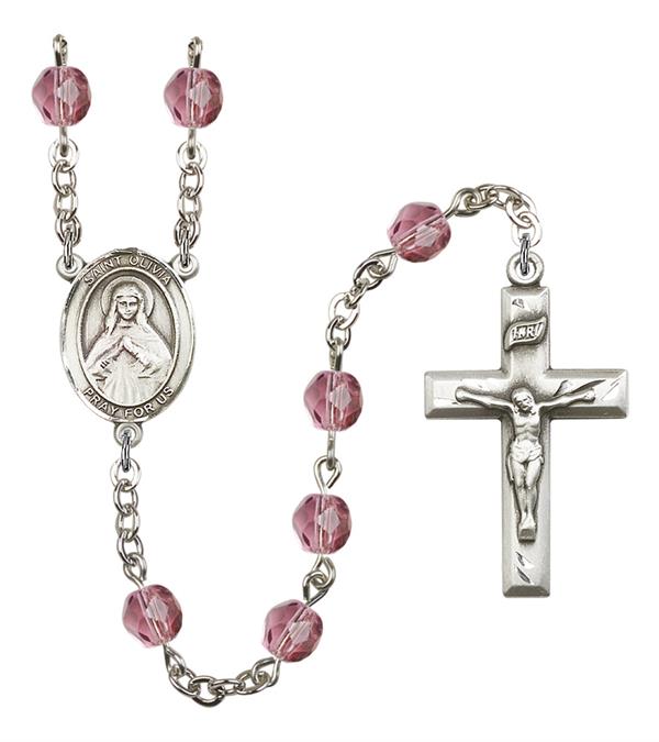 St. Olivia Rosary, 6mm Fire Polished Amethyst Beads, Silver Plate, # 15446
