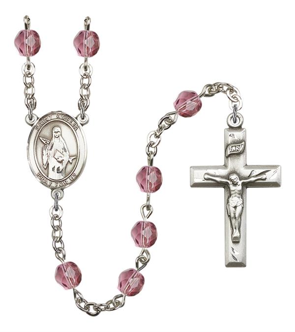 St. Amelia Rosary, 6mm Fire Polished Amethyst Beads, Silver Plate, # 15447