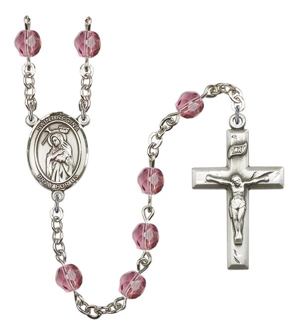 St. Regina Rosary, 6mm Fire Polished Amethyst Beads, Silver Plate, # 15469