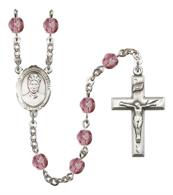 St. Josephine Bakhita Rosary, 6mm Fire Polished Amethyst Beads, Silver Plate, # 15495