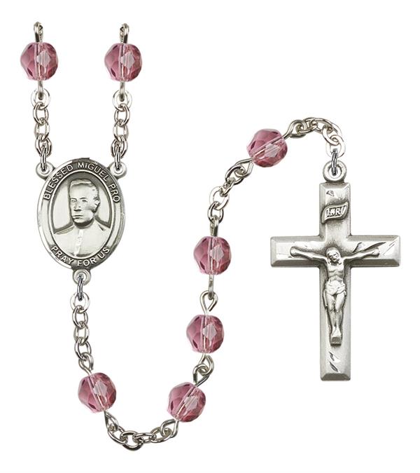 Blessed Miguel Pro Rosary, 6mm Fire Polished Amethyst Beads, Silver Plate, # 15526