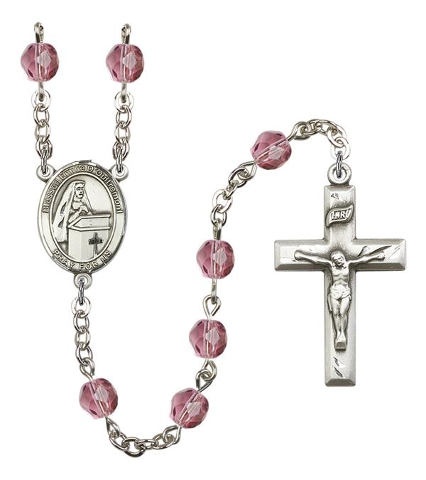 Blessed Emilee Doultremont Rosary, 6mm Fire Polished Amethyst Beads, Silver Plate, # 15527