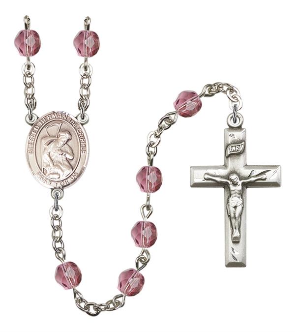 Blessed Herman the Cripple Rosary, 6mm Fire Polished Amethyst Beads, Silver Plate, # 15540